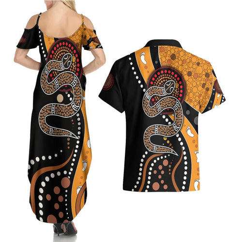 Aboriginal Snake Pattern Dot Art Couples Matching Summer Maxi Dress and Hawaiian Shirt