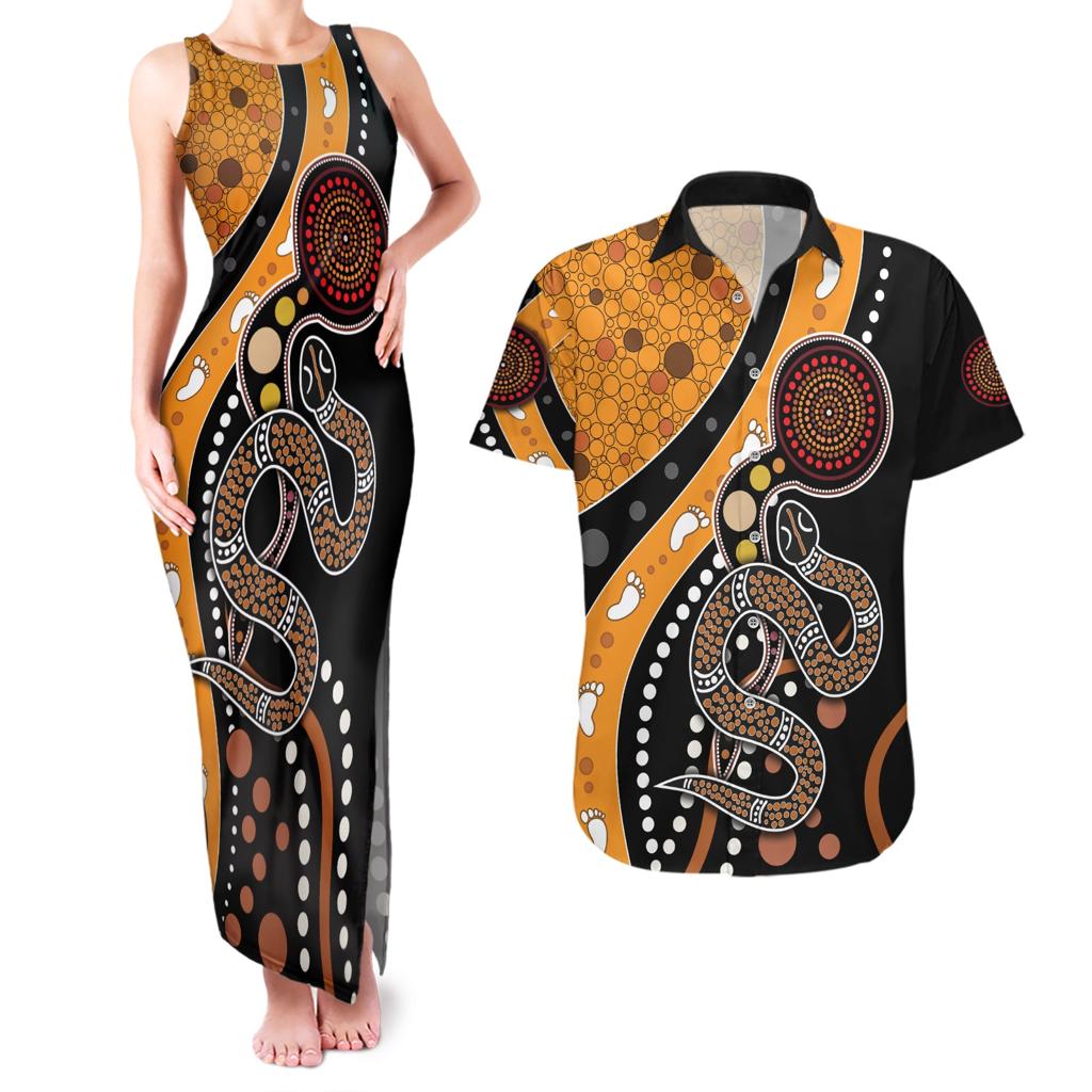Aboriginal Snake Pattern Dot Art Couples Matching Tank Maxi Dress and Hawaiian Shirt