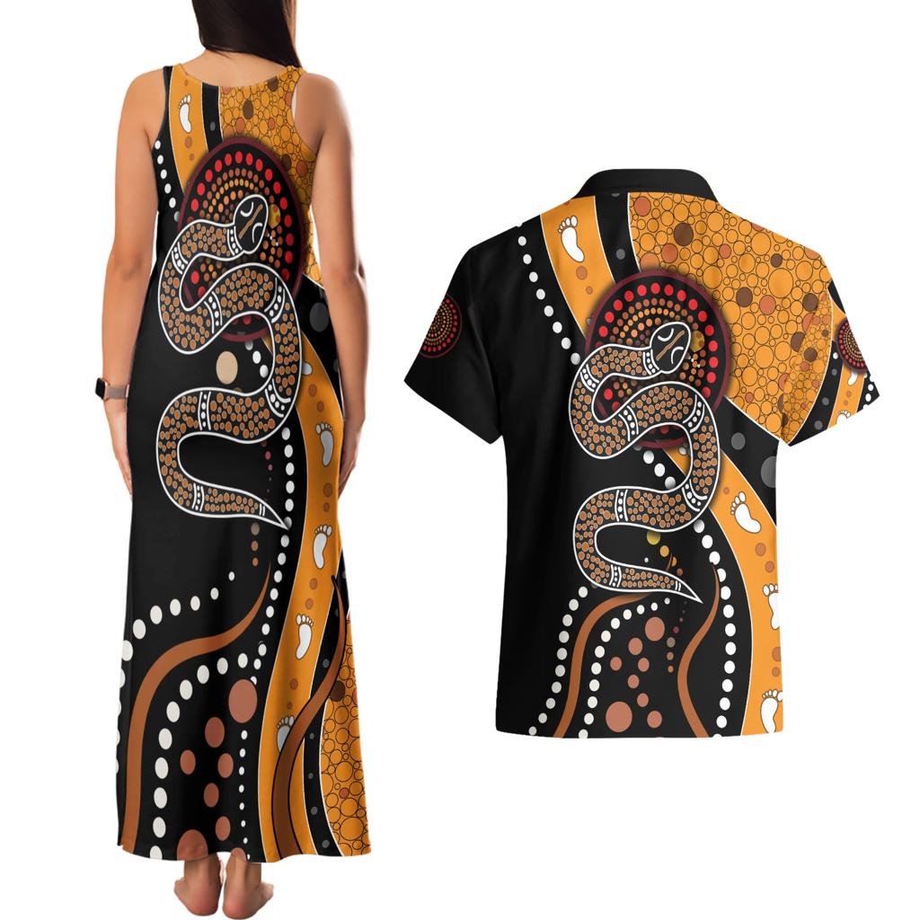 Aboriginal Snake Pattern Dot Art Couples Matching Tank Maxi Dress and Hawaiian Shirt