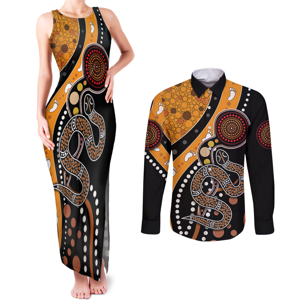 Aboriginal Snake Pattern Dot Art Couples Matching Tank Maxi Dress and Long Sleeve Button Shirt