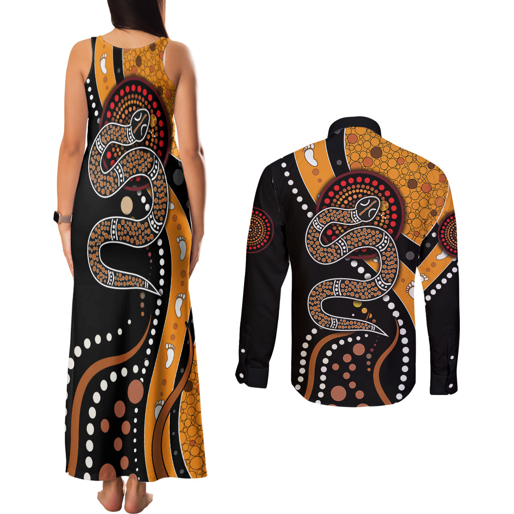 Aboriginal Snake Pattern Dot Art Couples Matching Tank Maxi Dress and Long Sleeve Button Shirt