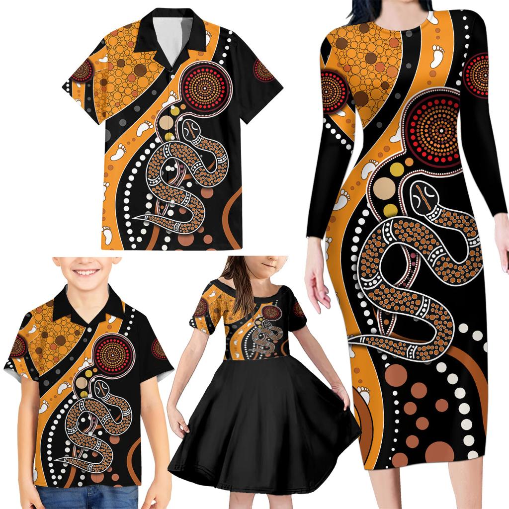 Aboriginal Snake Pattern Dot Art Family Matching Long Sleeve Bodycon Dress and Hawaiian Shirt