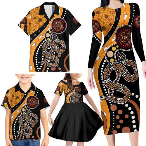 Aboriginal Snake Pattern Dot Art Family Matching Long Sleeve Bodycon Dress and Hawaiian Shirt