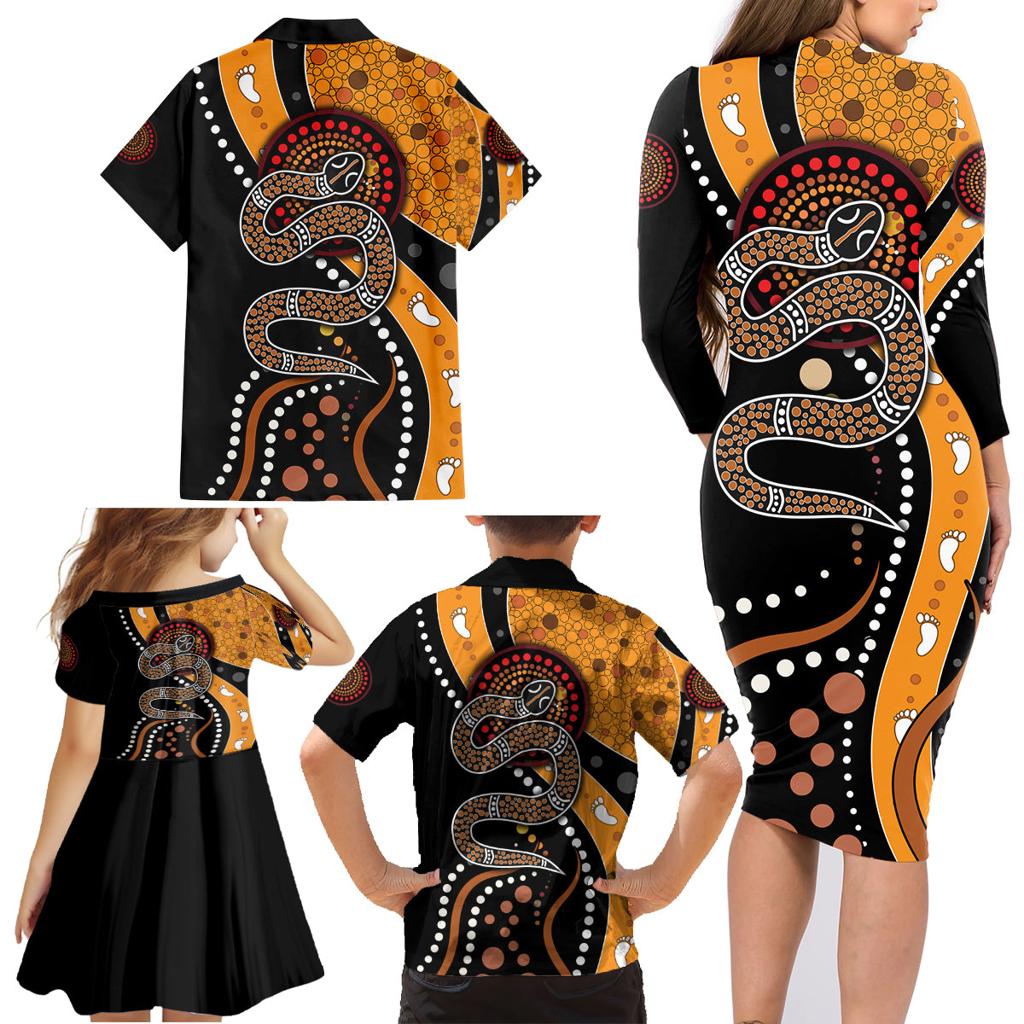 Aboriginal Snake Pattern Dot Art Family Matching Long Sleeve Bodycon Dress and Hawaiian Shirt