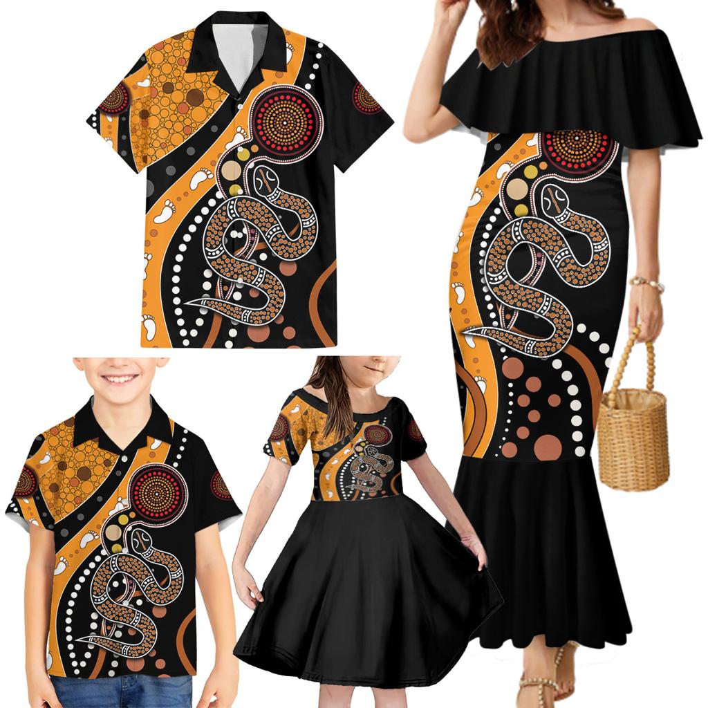 Aboriginal Snake Pattern Dot Art Family Matching Mermaid Dress and Hawaiian Shirt