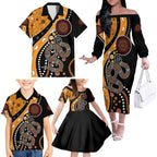 Aboriginal Snake Pattern Dot Art Family Matching Off Shoulder Long Sleeve Dress and Hawaiian Shirt