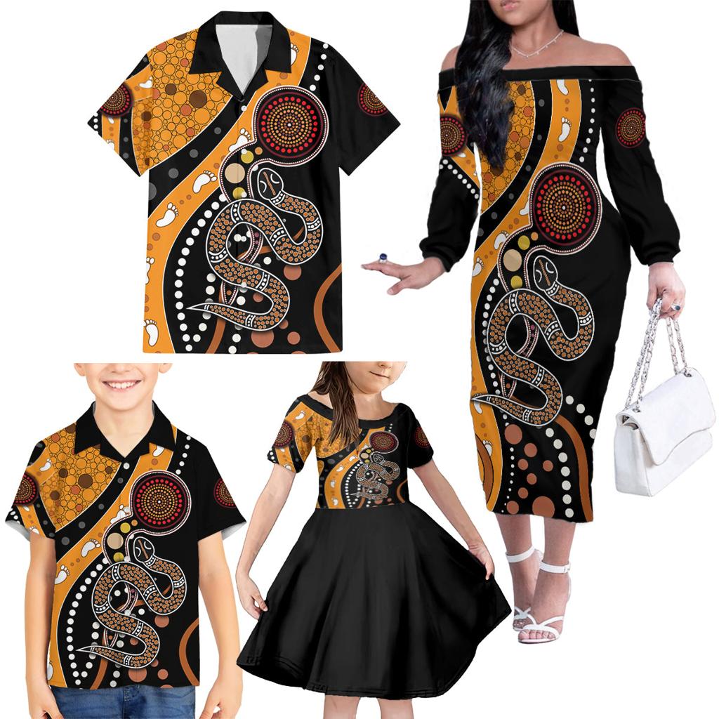 Aboriginal Snake Pattern Dot Art Family Matching Off Shoulder Long Sleeve Dress and Hawaiian Shirt