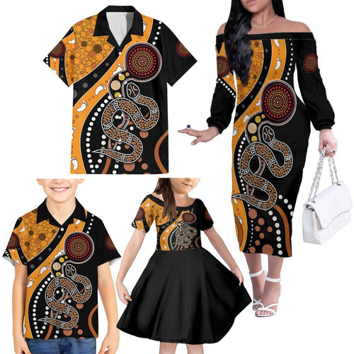 Aboriginal Snake Pattern Dot Art Family Matching Off Shoulder Long Sleeve Dress and Hawaiian Shirt