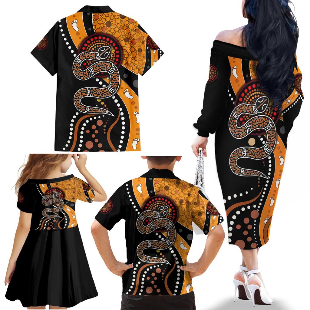 Aboriginal Snake Pattern Dot Art Family Matching Off Shoulder Long Sleeve Dress and Hawaiian Shirt