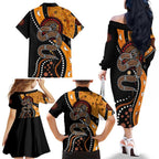Aboriginal Snake Pattern Dot Art Family Matching Off Shoulder Long Sleeve Dress and Hawaiian Shirt