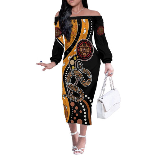 Aboriginal Snake Pattern Dot Art Family Matching Off Shoulder Long Sleeve Dress and Hawaiian Shirt