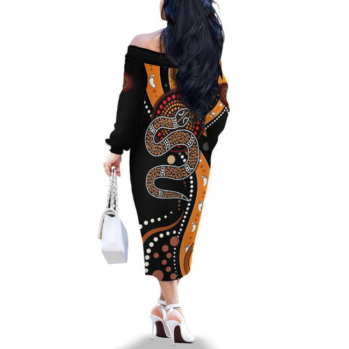 Aboriginal Snake Pattern Dot Art Family Matching Off Shoulder Long Sleeve Dress and Hawaiian Shirt