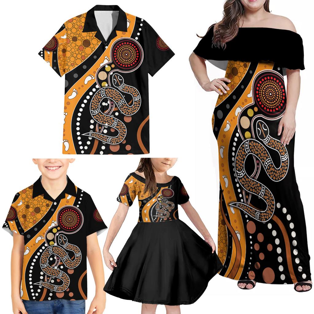 Aboriginal Snake Pattern Dot Art Family Matching Off Shoulder Maxi Dress and Hawaiian Shirt