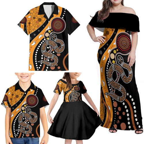 Aboriginal Snake Pattern Dot Art Family Matching Off Shoulder Maxi Dress and Hawaiian Shirt
