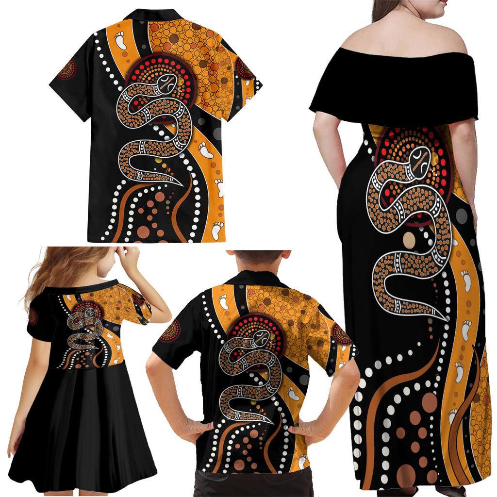 Aboriginal Snake Pattern Dot Art Family Matching Off Shoulder Maxi Dress and Hawaiian Shirt