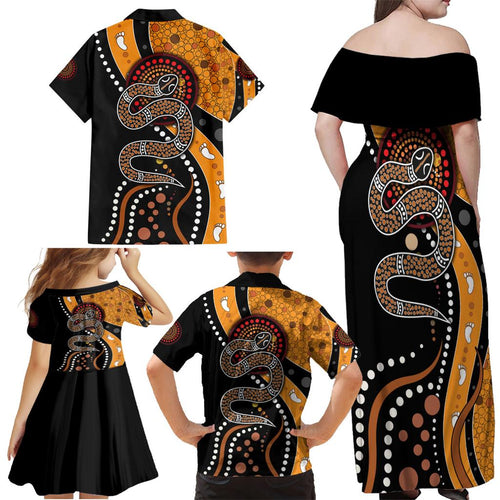Aboriginal Snake Pattern Dot Art Family Matching Off Shoulder Maxi Dress and Hawaiian Shirt