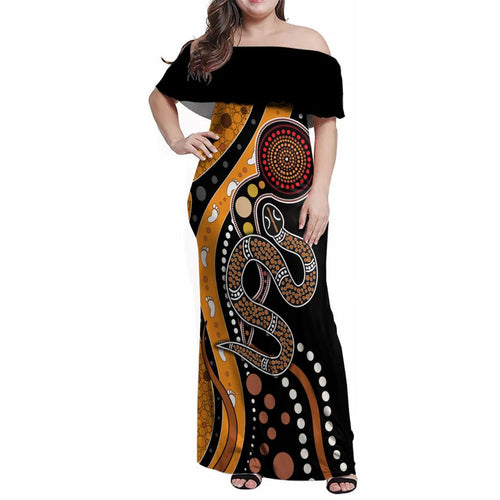 Aboriginal Snake Pattern Dot Art Family Matching Off Shoulder Maxi Dress and Hawaiian Shirt