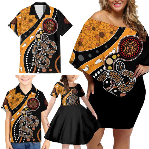 Aboriginal Snake Pattern Dot Art Family Matching Off Shoulder Short Dress and Hawaiian Shirt