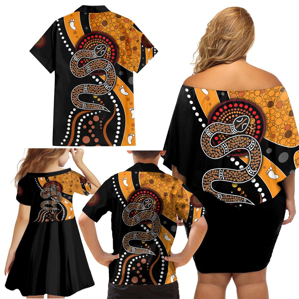 Aboriginal Snake Pattern Dot Art Family Matching Off Shoulder Short Dress and Hawaiian Shirt