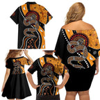 Aboriginal Snake Pattern Dot Art Family Matching Off Shoulder Short Dress and Hawaiian Shirt