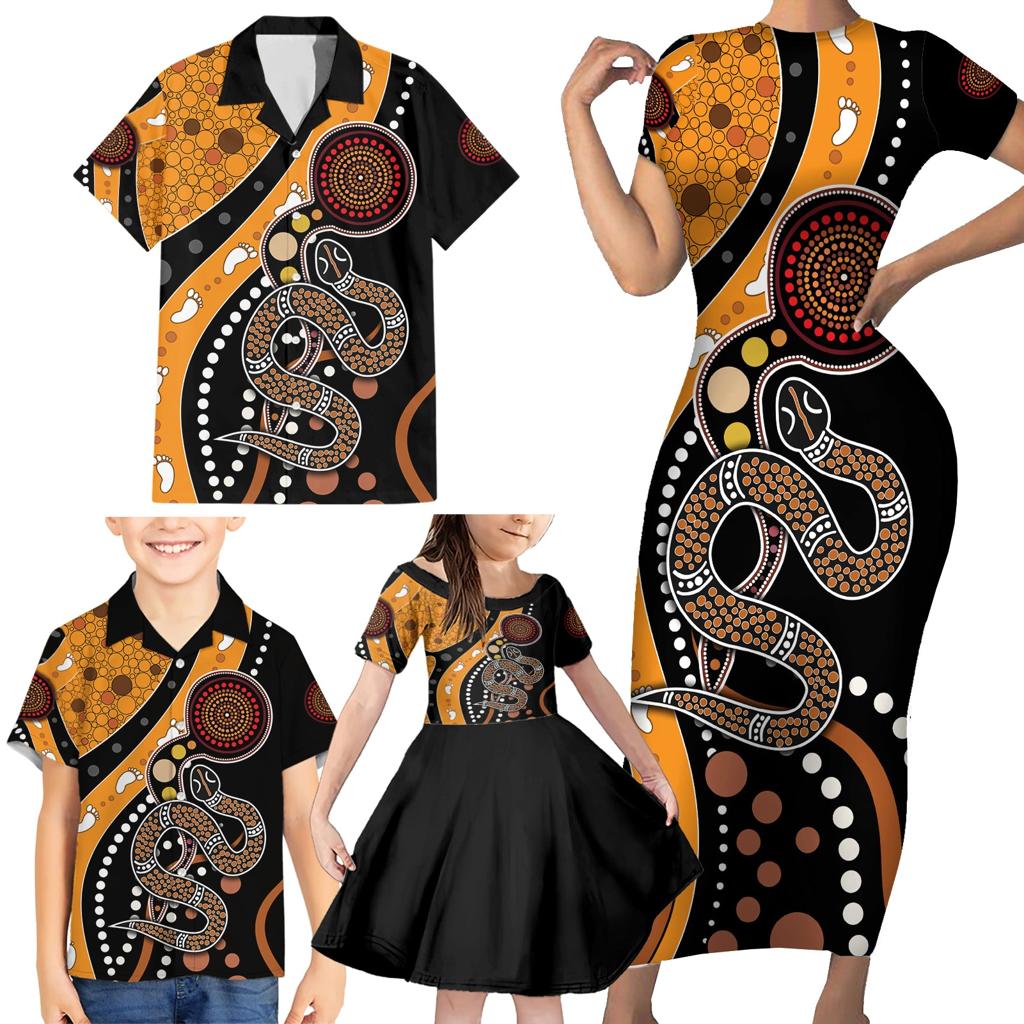 Aboriginal Snake Pattern Dot Art Family Matching Short Sleeve Bodycon Dress and Hawaiian Shirt