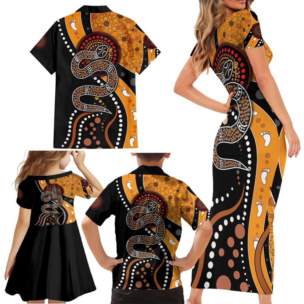 Aboriginal Snake Pattern Dot Art Family Matching Short Sleeve Bodycon Dress and Hawaiian Shirt