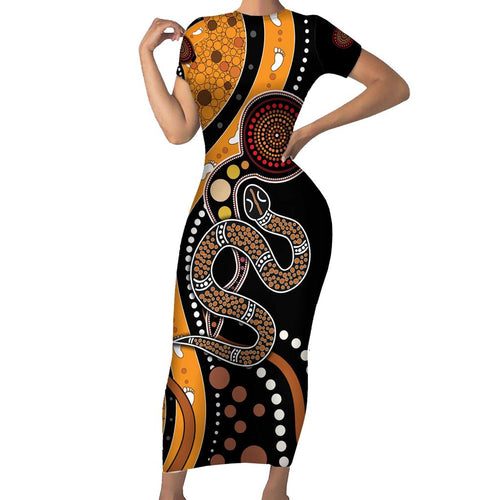 Aboriginal Snake Pattern Dot Art Family Matching Short Sleeve Bodycon Dress and Hawaiian Shirt
