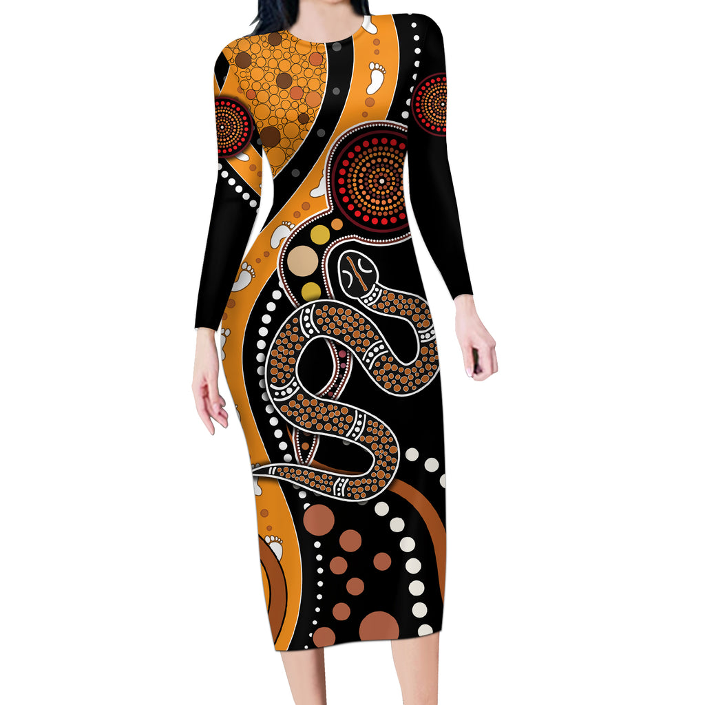 Aboriginal Snake Pattern Dot Art Long Sleeve Bodycon Dress