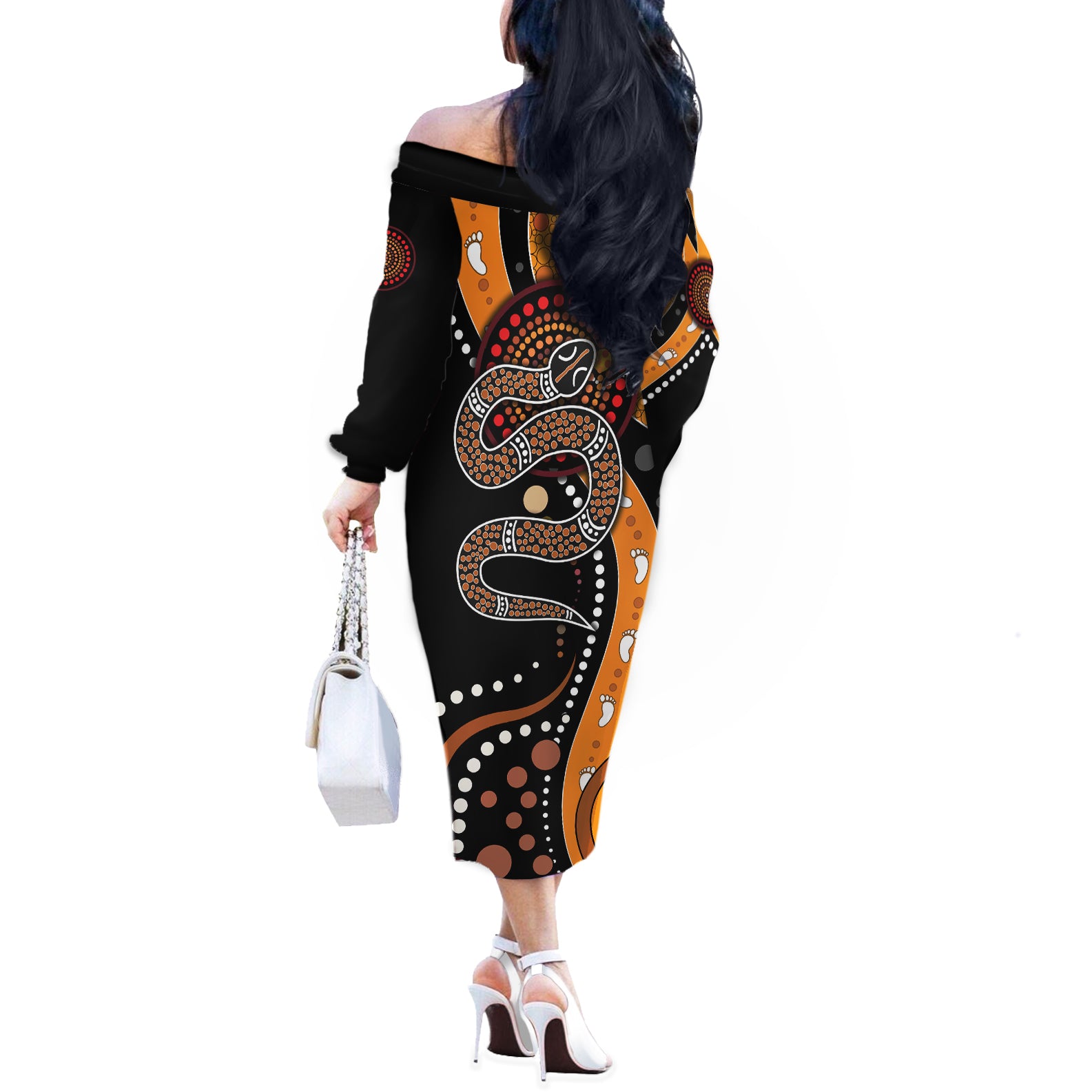 Aboriginal Snake Pattern Dot Art Off The Shoulder Long Sleeve Dress