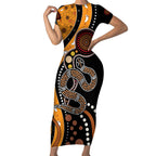Aboriginal Snake Pattern Dot Art Short Sleeve Bodycon Dress