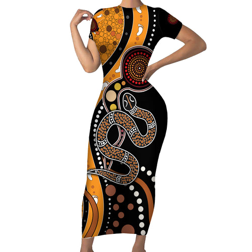 Aboriginal Snake Pattern Dot Art Short Sleeve Bodycon Dress