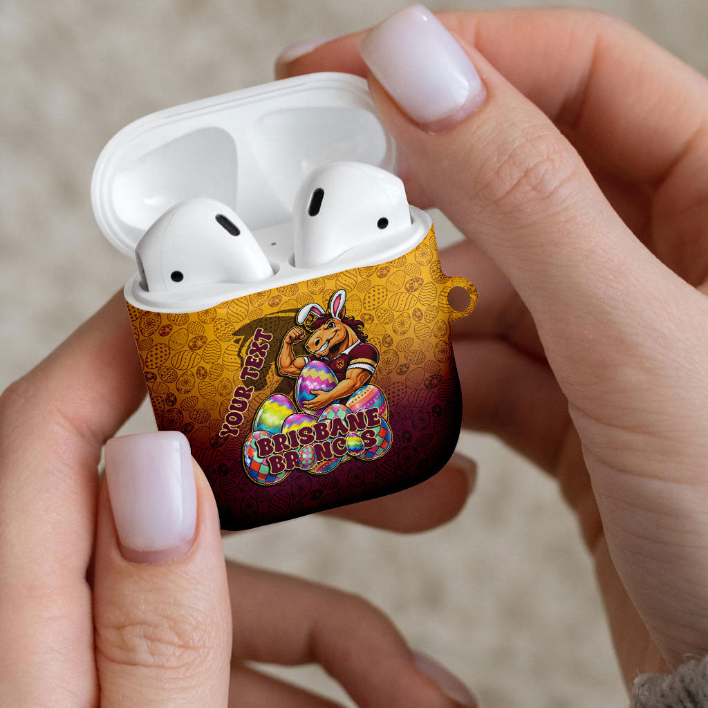 Personalized Brisbane Broncos AirPods Case Easter Mascot - Colorful Eggs Cartoon Style