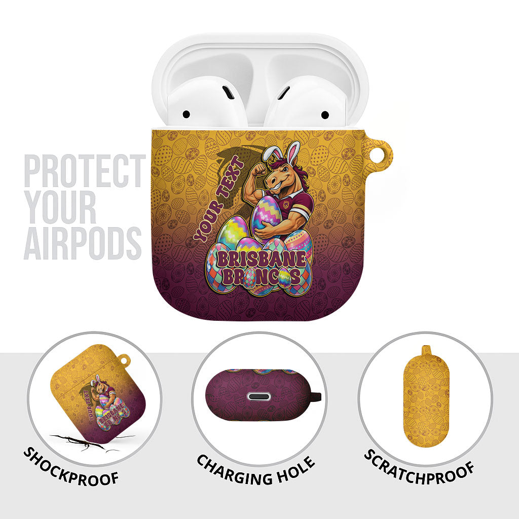 Personalized Brisbane Broncos AirPods Case Easter Mascot - Colorful Eggs Cartoon Style