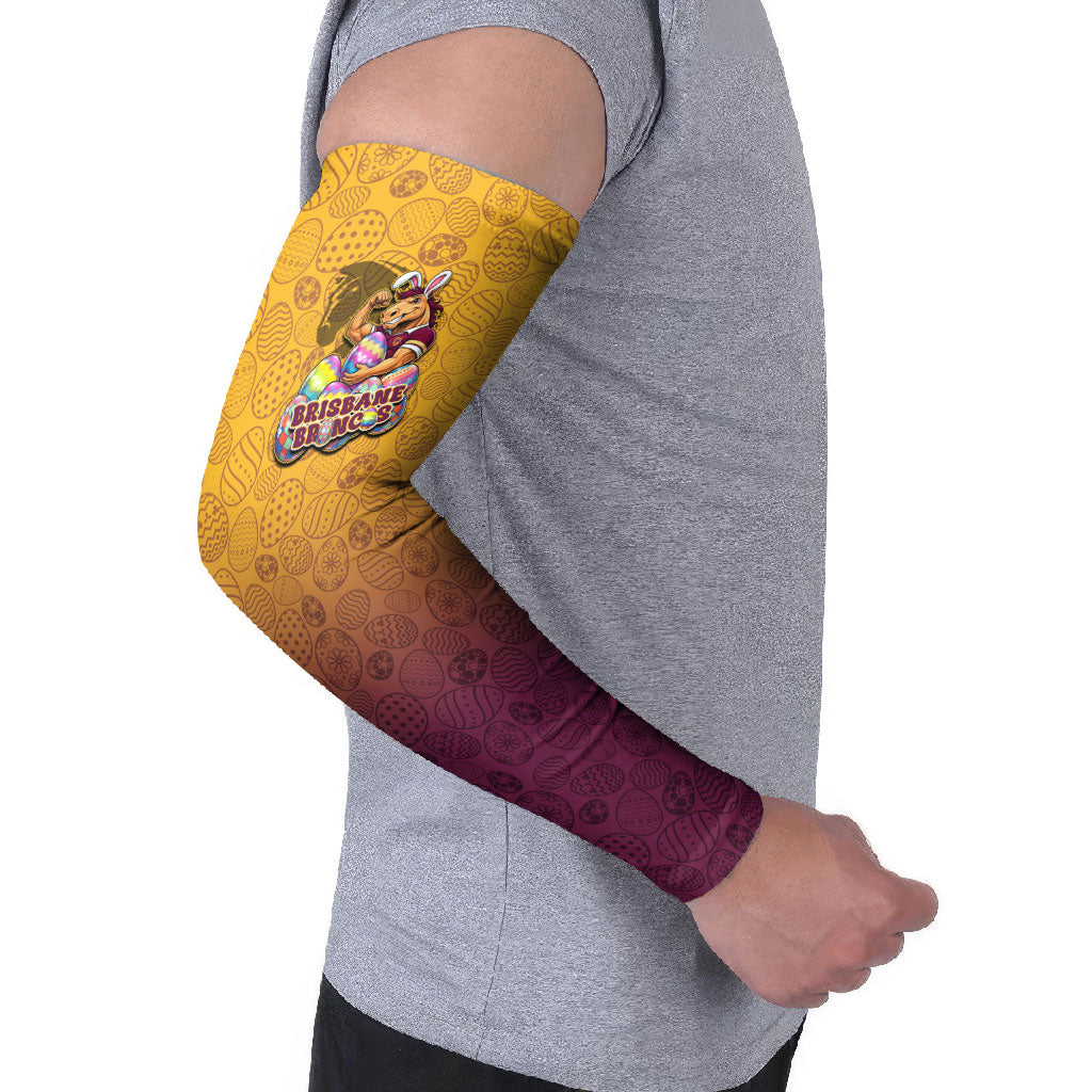 Personalized Brisbane Broncos Arm Sleeves Easter Mascot - Colorful Eggs Cartoon Style