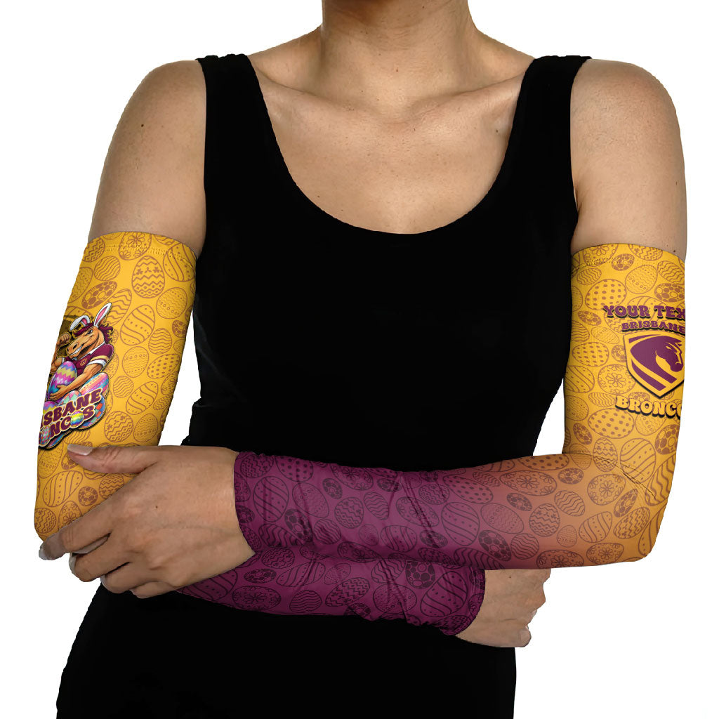 Personalized Brisbane Broncos Arm Sleeves Easter Mascot - Colorful Eggs Cartoon Style
