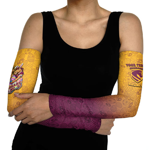Personalized Brisbane Broncos Arm Sleeves Easter Mascot - Colorful Eggs Cartoon Style