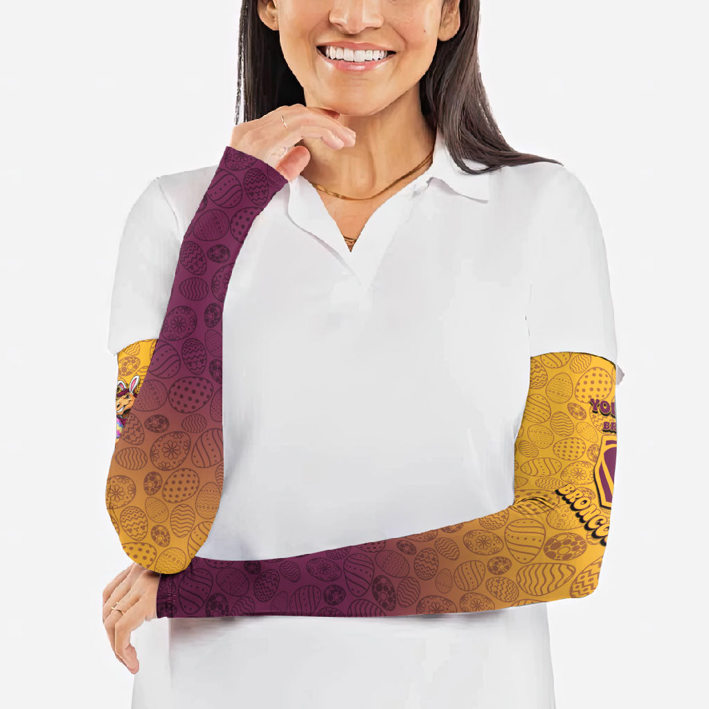 Personalized Brisbane Broncos Arm Sleeves Easter Mascot - Colorful Eggs Cartoon Style