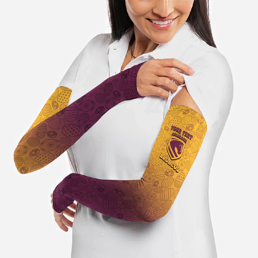 Personalized Brisbane Broncos Arm Sleeves Easter Mascot - Colorful Eggs Cartoon Style