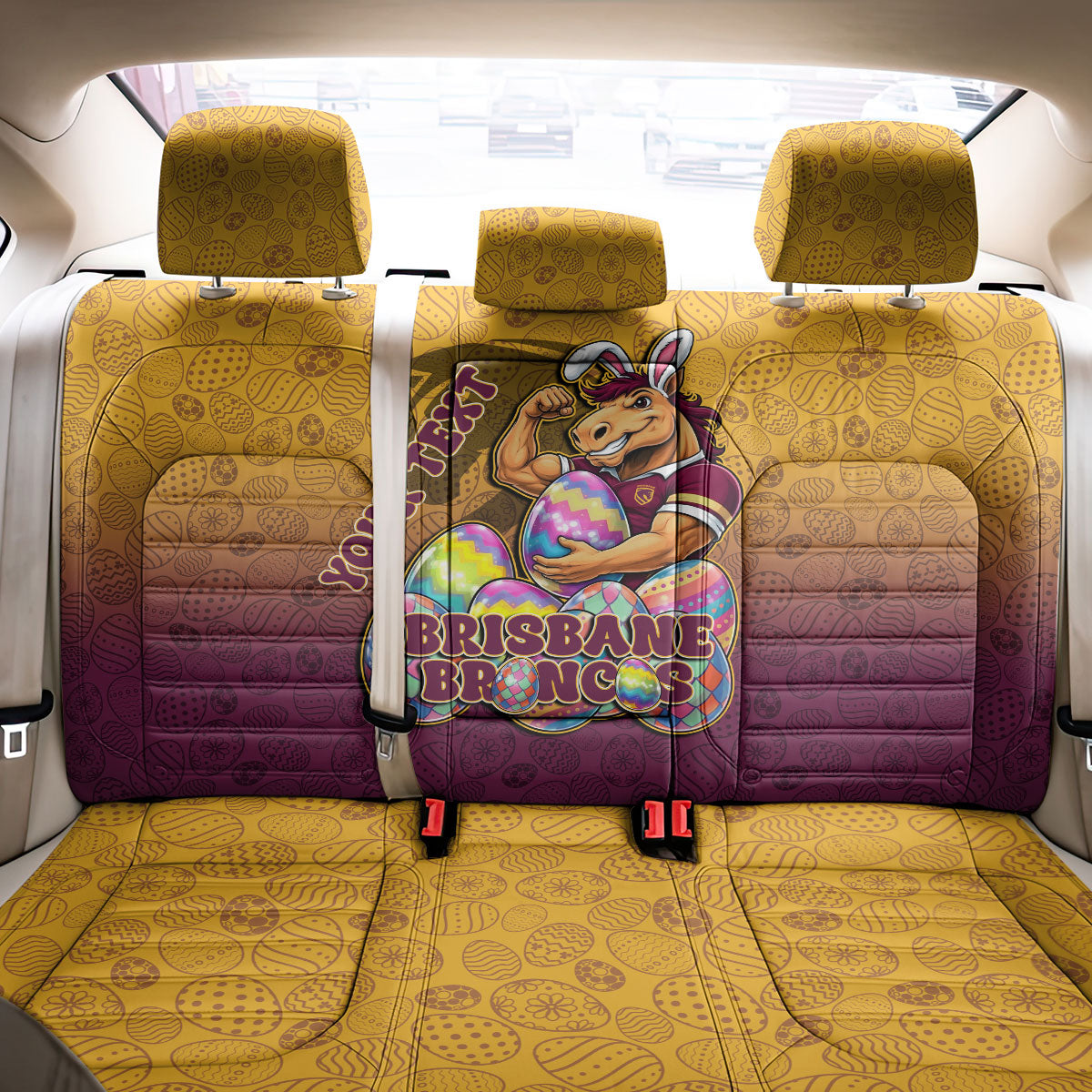 Personalized Brisbane Broncos Back Car Seat Cover Easter Mascot - Colorful Eggs Cartoon Style