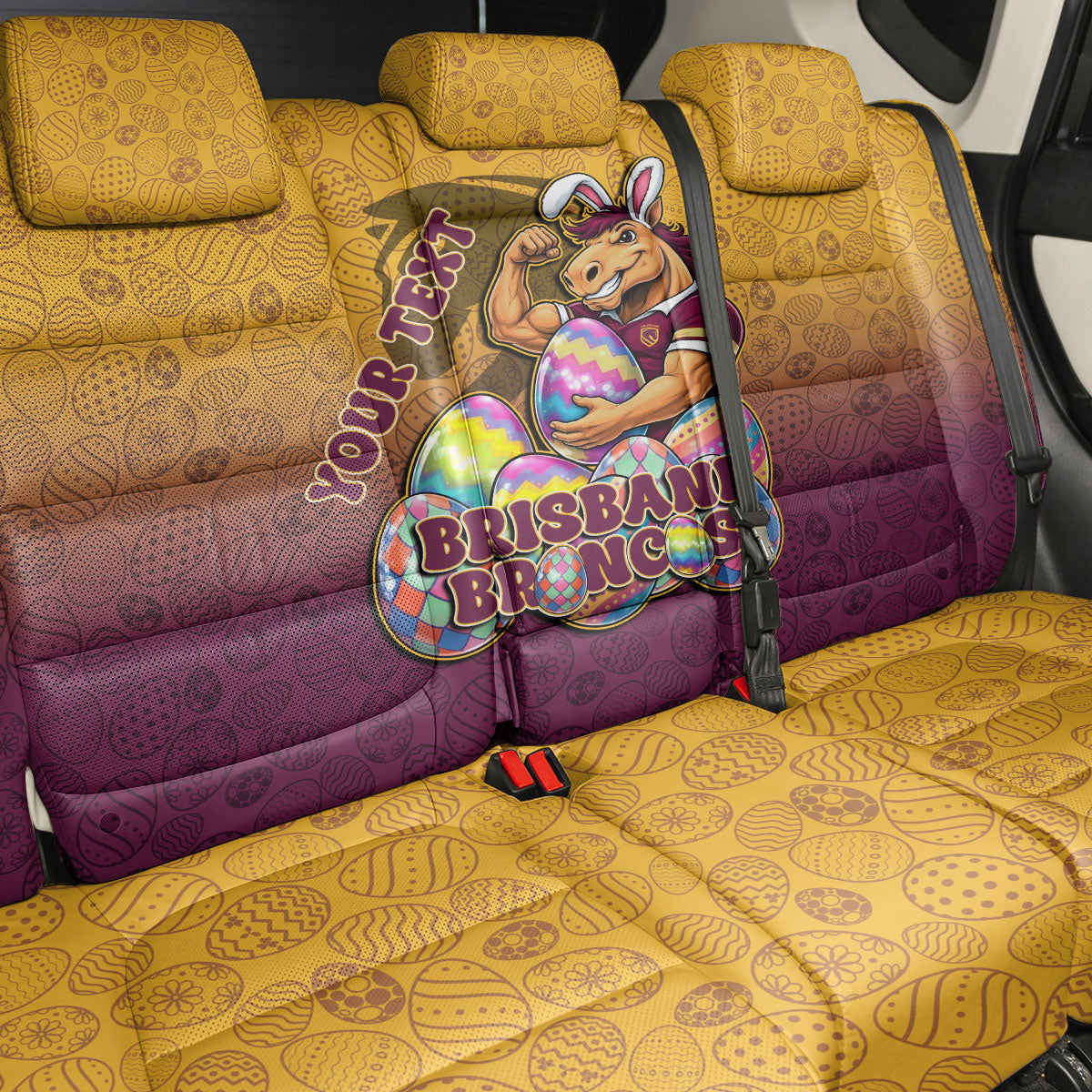 Personalized Brisbane Broncos Back Car Seat Cover Easter Mascot - Colorful Eggs Cartoon Style