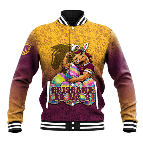 Personalized Brisbane Broncos Baseball Jacket Easter Mascot - Colorful Eggs Cartoon Style