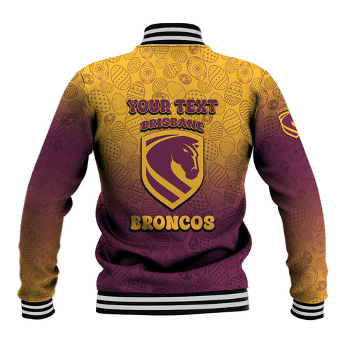 Personalized Brisbane Broncos Baseball Jacket Easter Mascot - Colorful Eggs Cartoon Style