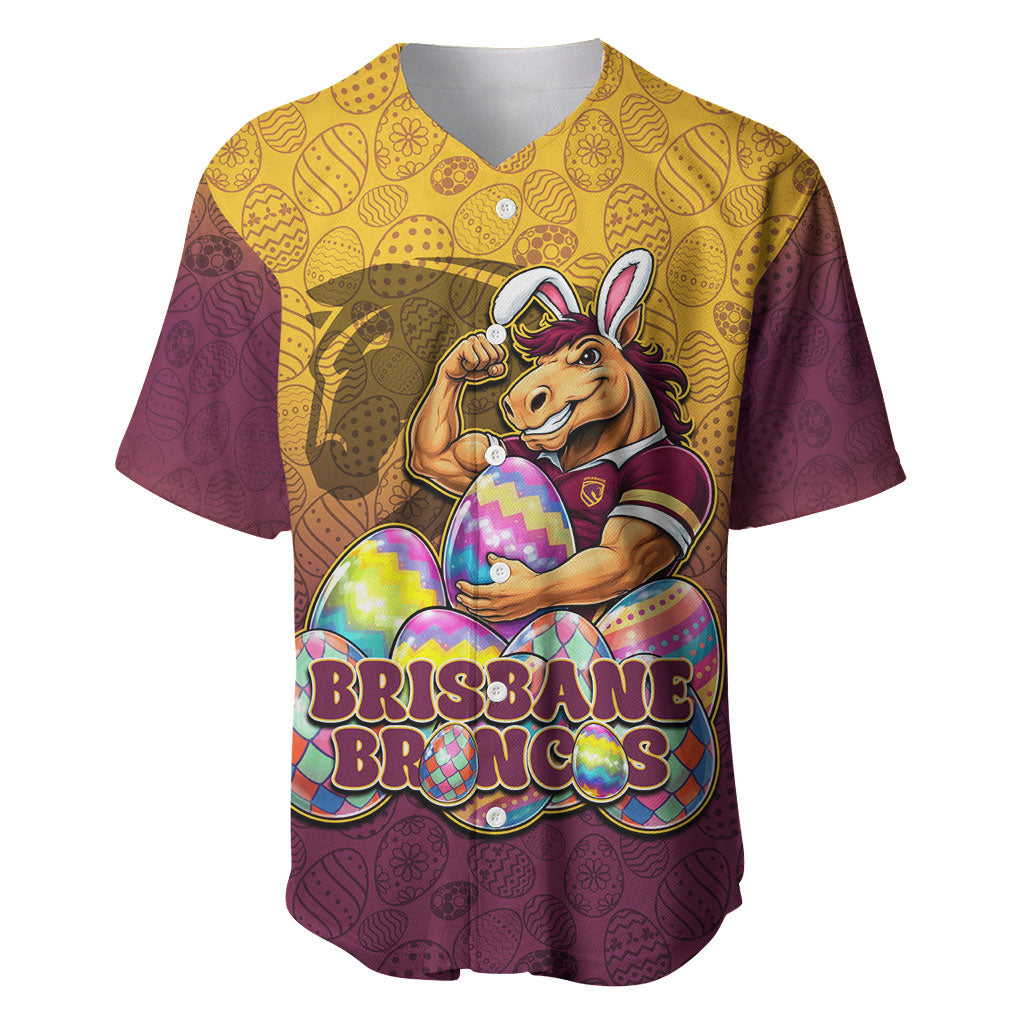 Personalized Brisbane Broncos Baseball Jersey Easter Mascot - Colorful Eggs Cartoon Style