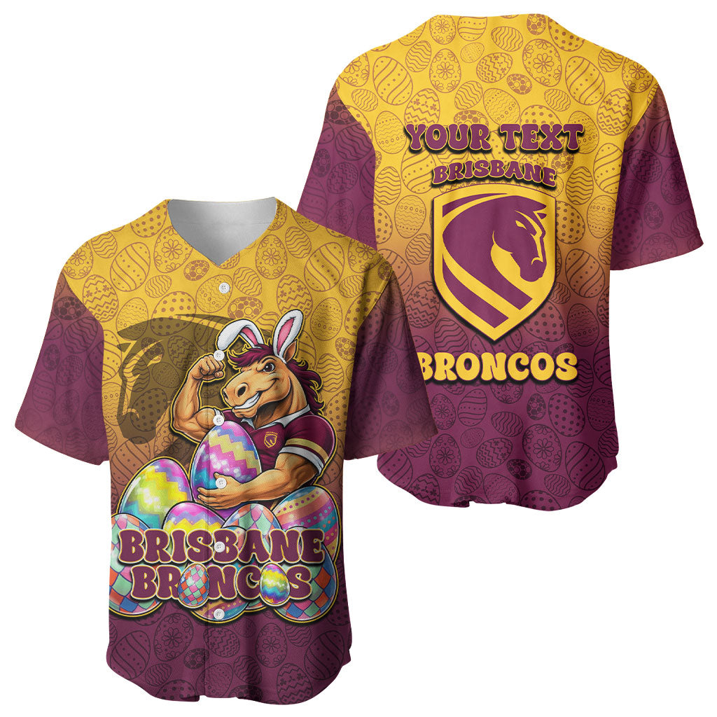 Personalized Brisbane Broncos Baseball Jersey Easter Mascot - Colorful Eggs Cartoon Style