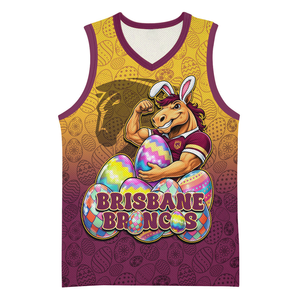 Personalized Brisbane Broncos Basketball Jersey Easter Mascot - Colorful Eggs Cartoon Style
