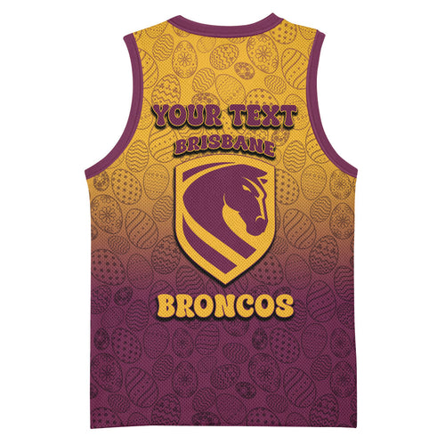 Personalized Brisbane Broncos Basketball Jersey Easter Mascot - Colorful Eggs Cartoon Style