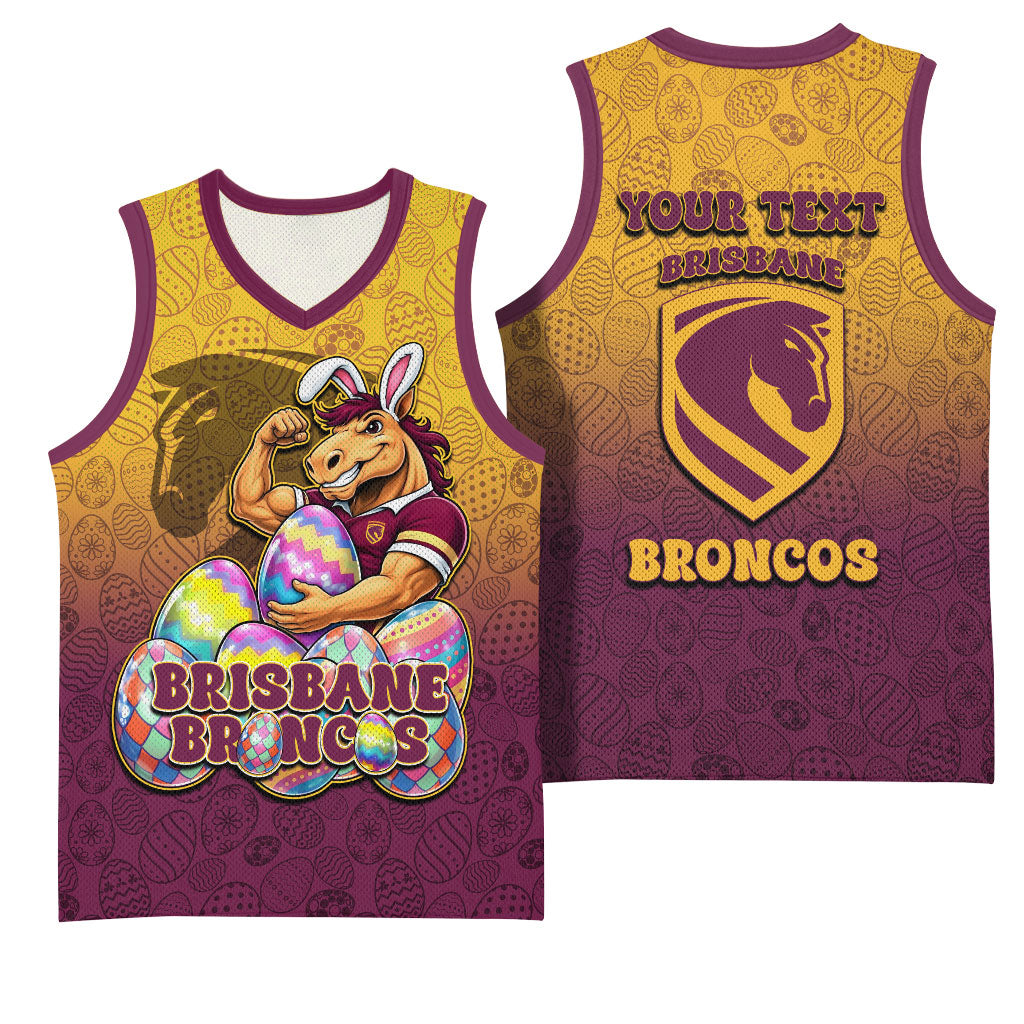 Personalized Brisbane Broncos Basketball Jersey Easter Mascot - Colorful Eggs Cartoon Style