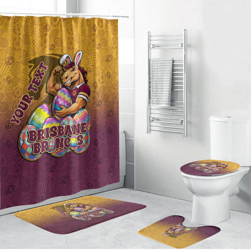 Personalized Brisbane Broncos Bathroom Set Easter Mascot - Colorful Eggs Cartoon Style