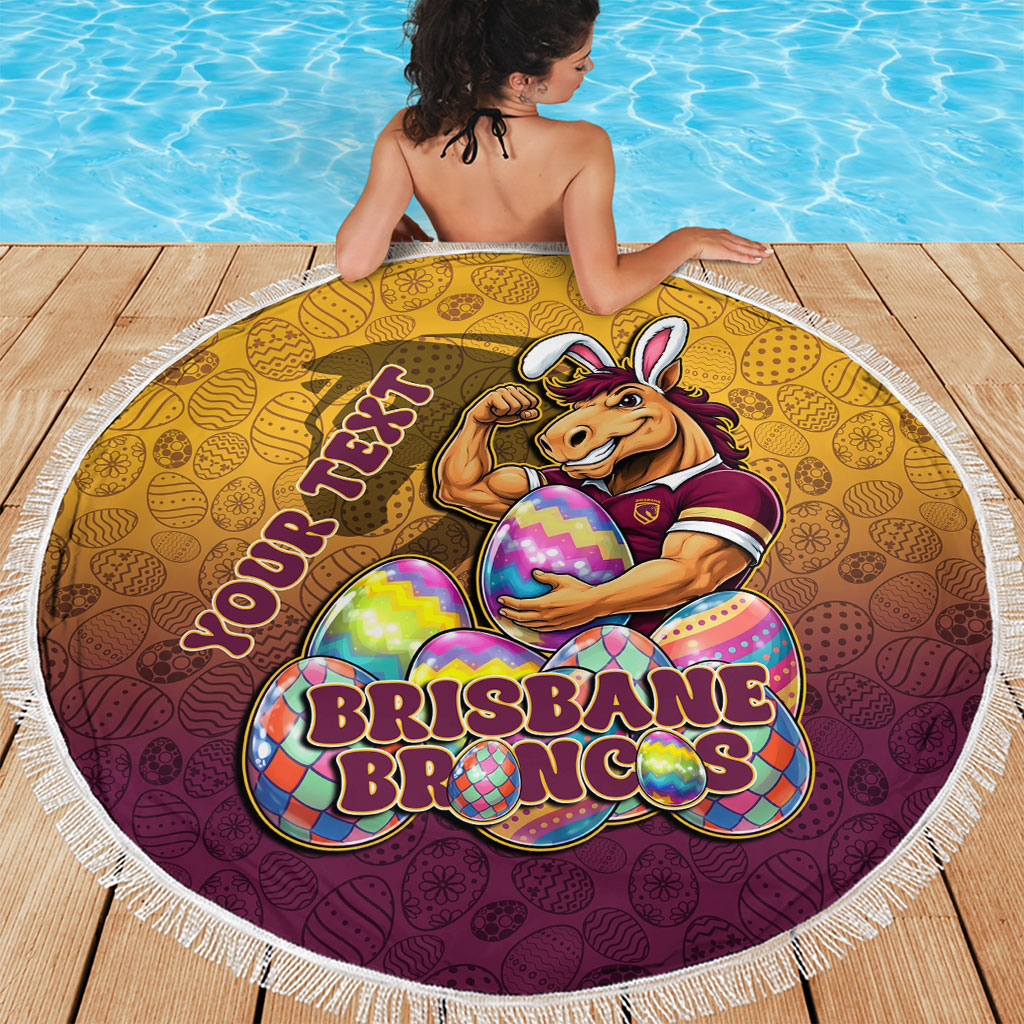 Personalized Brisbane Broncos Beach Blanket Easter Mascot - Colorful Eggs Cartoon Style