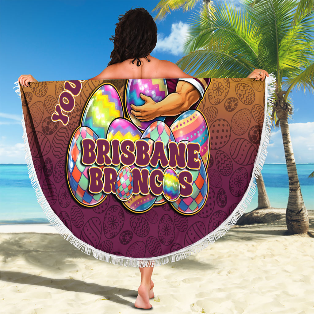 Personalized Brisbane Broncos Beach Blanket Easter Mascot - Colorful Eggs Cartoon Style
